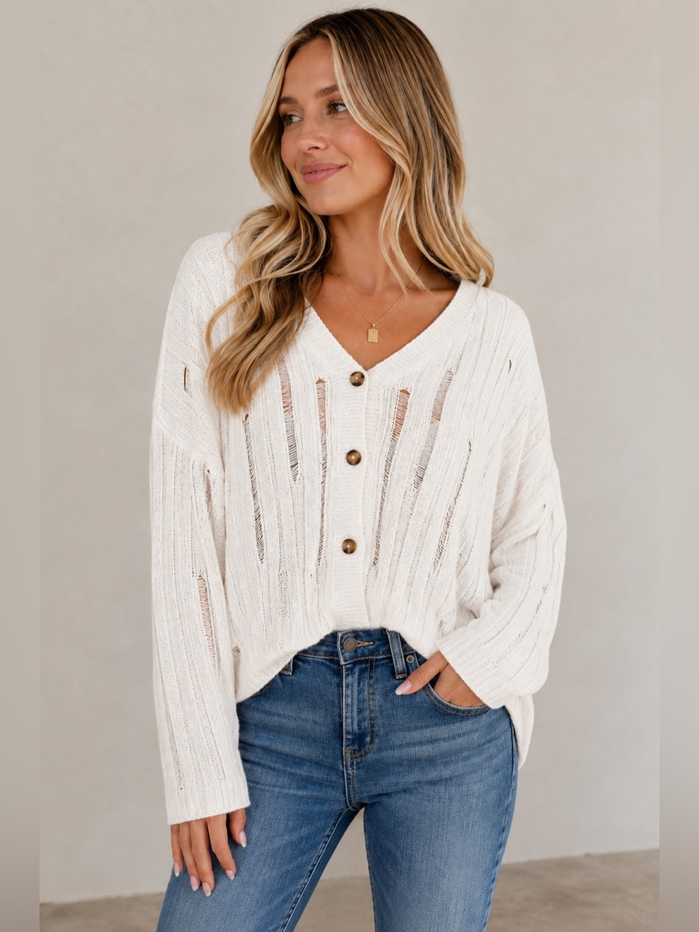 MIOU MUSE White Distressed Knit Button Cardigan Size Large